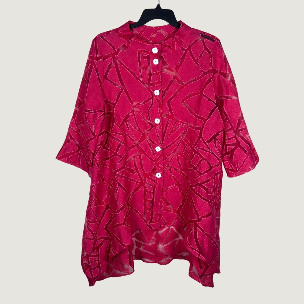 IC by Connie K Tunic Shirt Womens XL Pink Geometric Burnout Button Up High Low